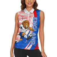 Personalized England Football Women Sleeveless Polo Shirt Powerful Lion Kicking Ball Red Blue Chevron Zigzag