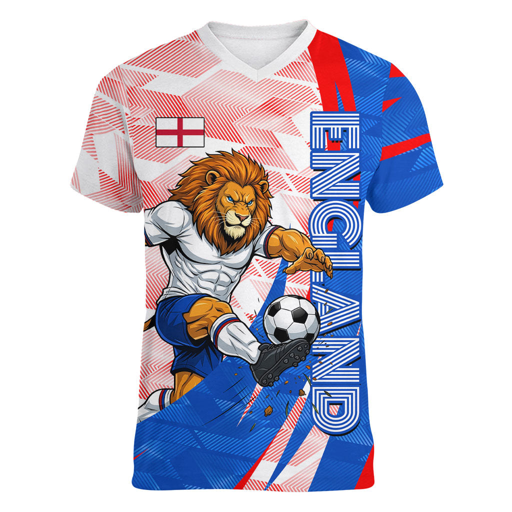 Personalized England Football Women V-Neck T-Shirt Powerful Lion Kicking Ball Red Blue Chevron Zigzag