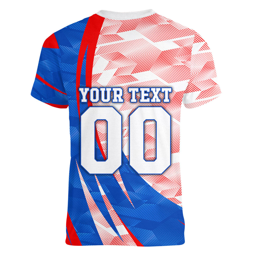Personalized England Football Women V-Neck T-Shirt Powerful Lion Kicking Ball Red Blue Chevron Zigzag