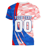 Personalized England Football Women V-Neck T-Shirt Powerful Lion Kicking Ball Red Blue Chevron Zigzag
