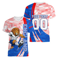 Personalized England Football Women V-Neck T-Shirt Powerful Lion Kicking Ball Red Blue Chevron Zigzag