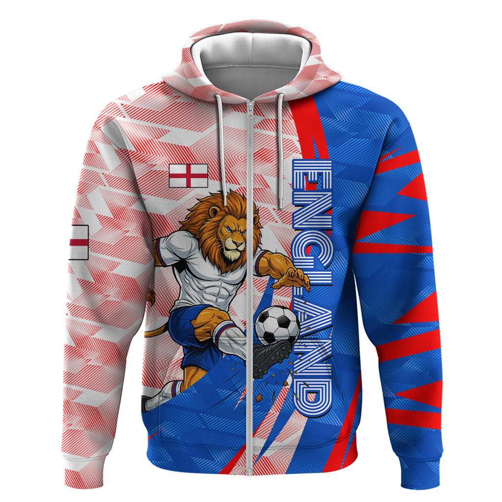Personalized England Football Zip Hoodie Powerful Lion Kicking Ball Red Blue Chevron Zigzag