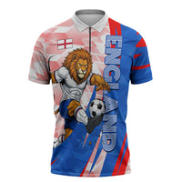 Personalized England Football Zipper Polo Shirt Powerful Lion Kicking Ball Red Blue Chevron Zigzag