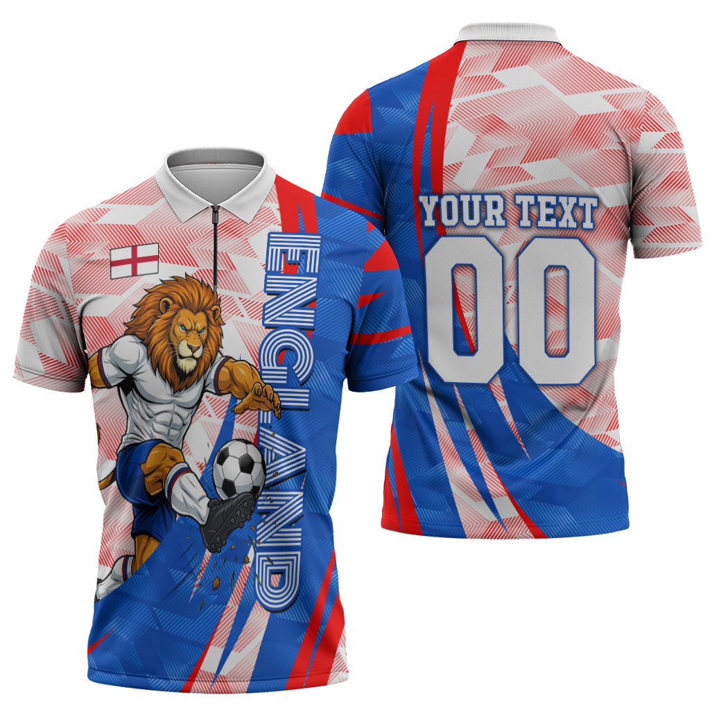 Personalized England Football Zipper Polo Shirt Powerful Lion Kicking Ball Red Blue Chevron Zigzag