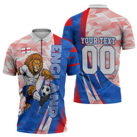 Personalized England Football Zipper Polo Shirt Powerful Lion Kicking Ball Red Blue Chevron Zigzag