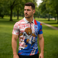 Personalized England Football Zipper Polo Shirt Powerful Lion Kicking Ball Red Blue Chevron Zigzag