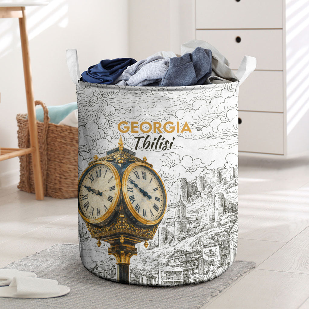 Georgia Tbilisi Clock Tower Laundry Basket Kartlis Deda Vintage Sketch Style
