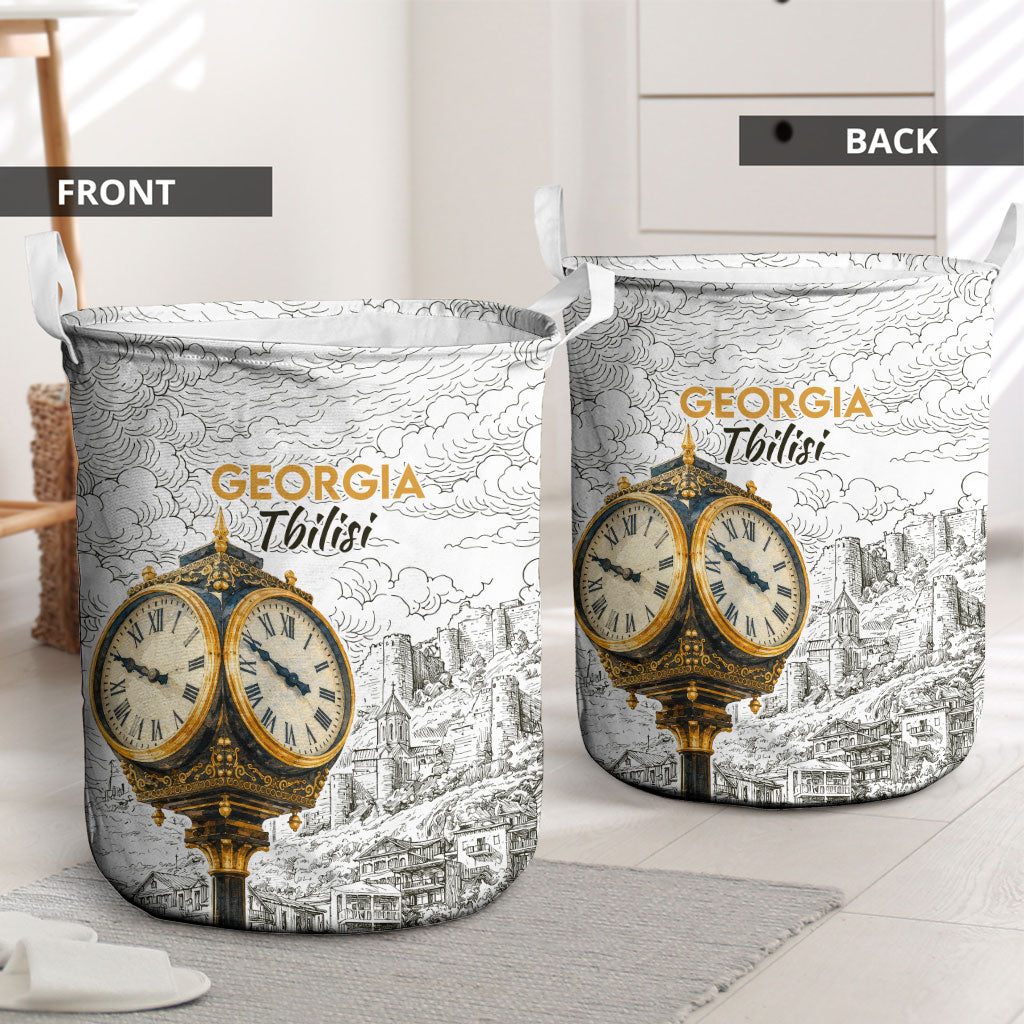 Georgia Tbilisi Clock Tower Laundry Basket Kartlis Deda Vintage Sketch Style