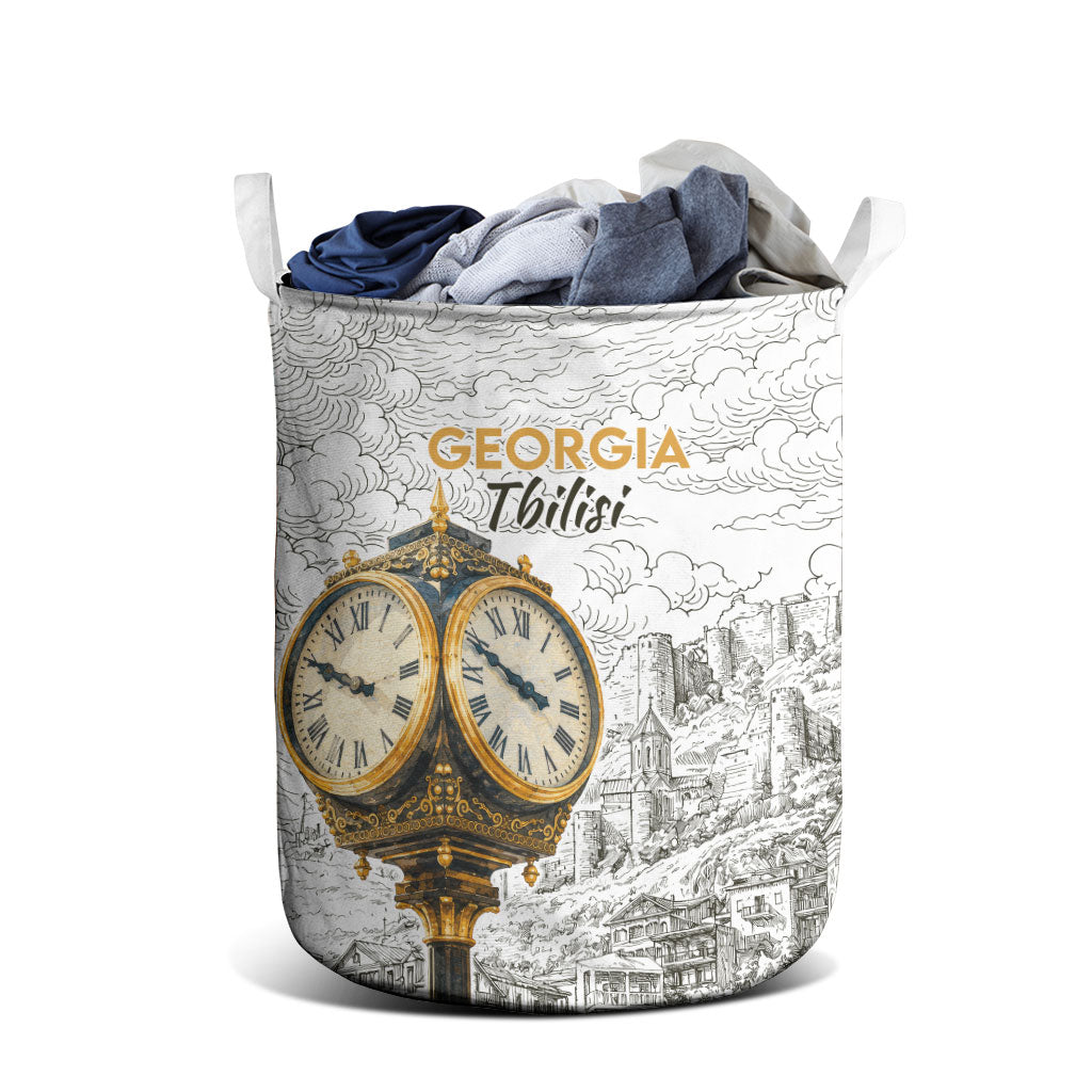 Georgia Tbilisi Clock Tower Laundry Basket Kartlis Deda Vintage Sketch Style