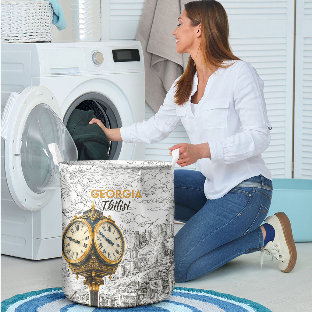 Georgia Tbilisi Clock Tower Laundry Basket Kartlis Deda Vintage Sketch Style