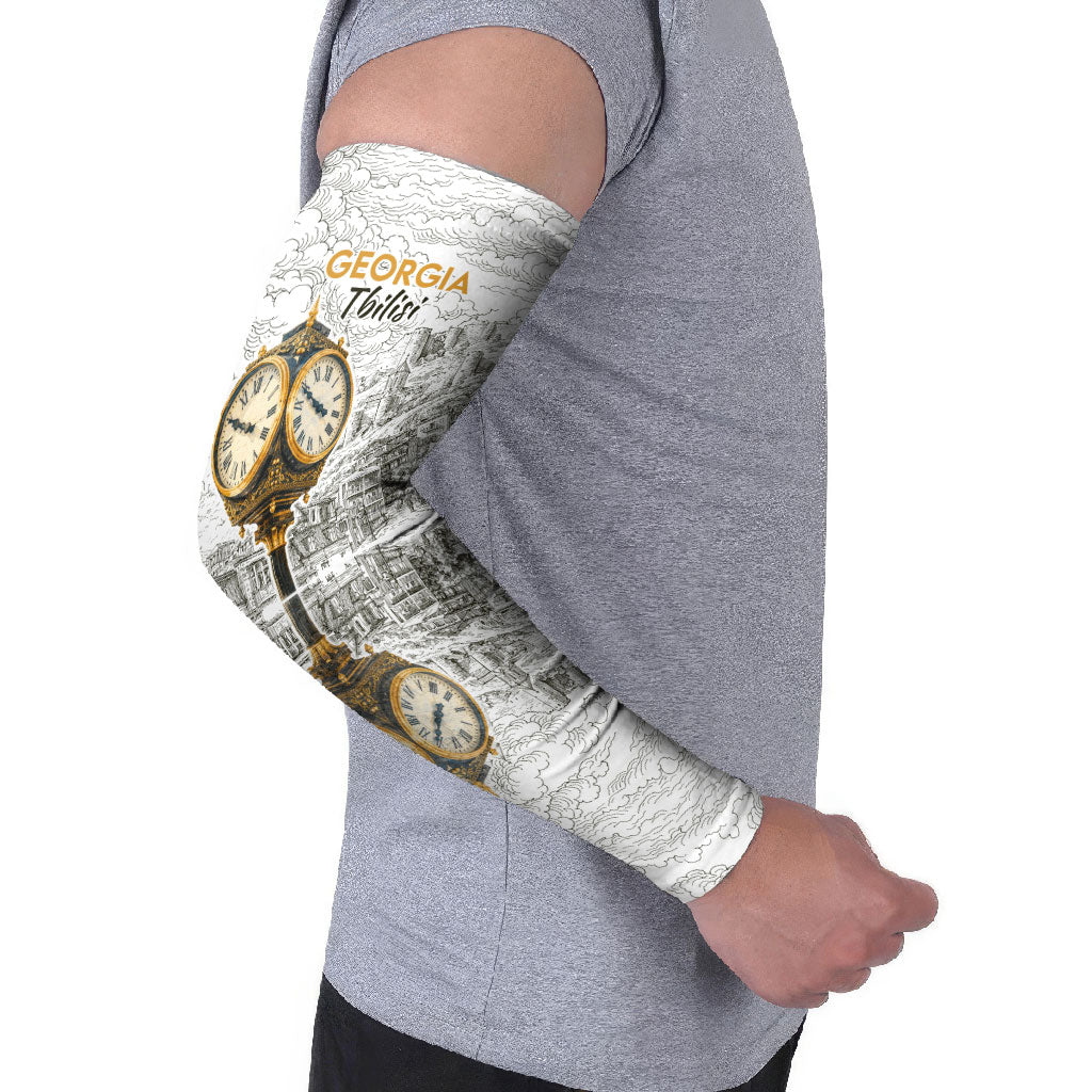 Georgia Tbilisi Clock Tower Arm Sleeves Kartlis Deda Vintage Sketch Style