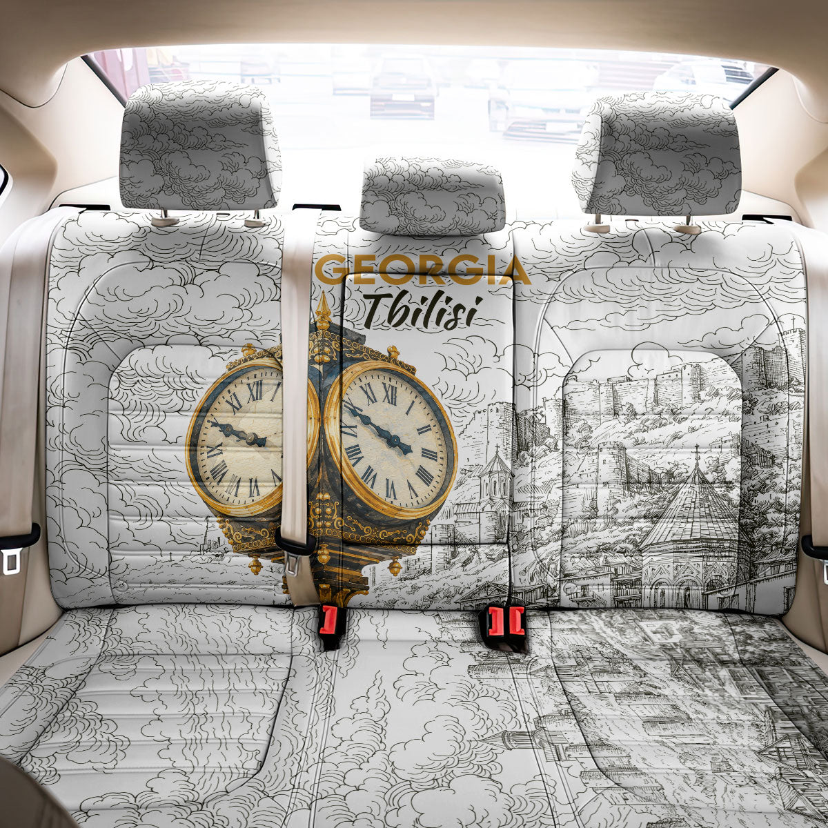 Georgia Tbilisi Clock Tower Back Car Seat Cover Kartlis Deda Vintage Sketch Style