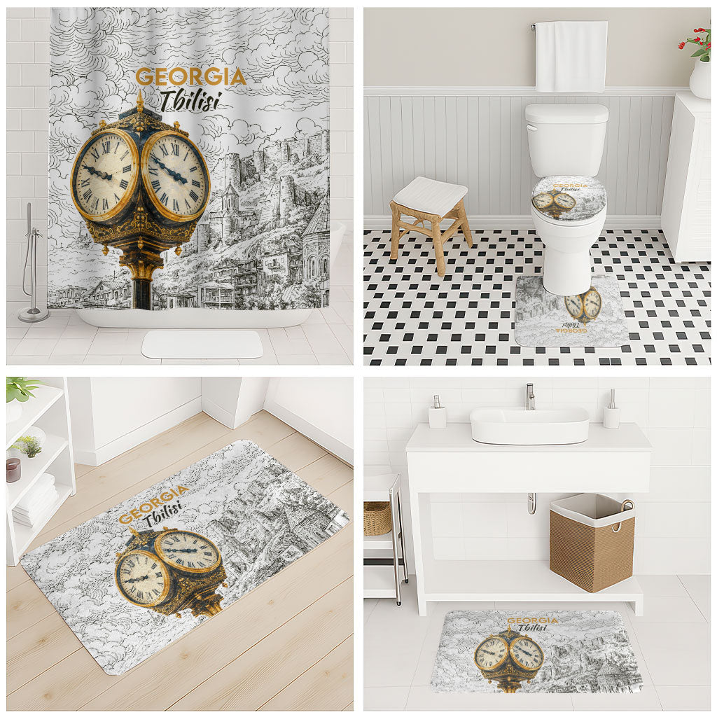 Georgia Tbilisi Clock Tower Bathroom Set Kartlis Deda Vintage Sketch Style