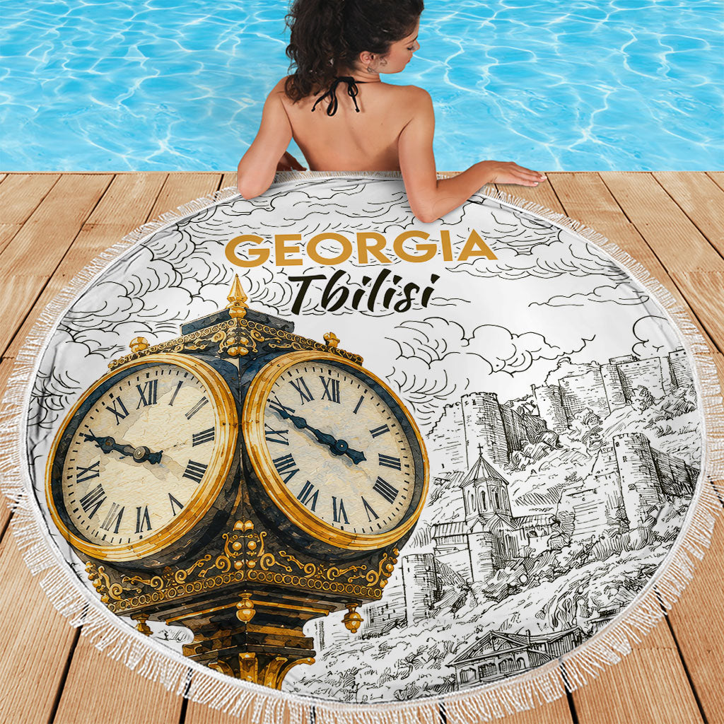 Georgia Tbilisi Clock Tower Beach Blanket Kartlis Deda Vintage Sketch Style