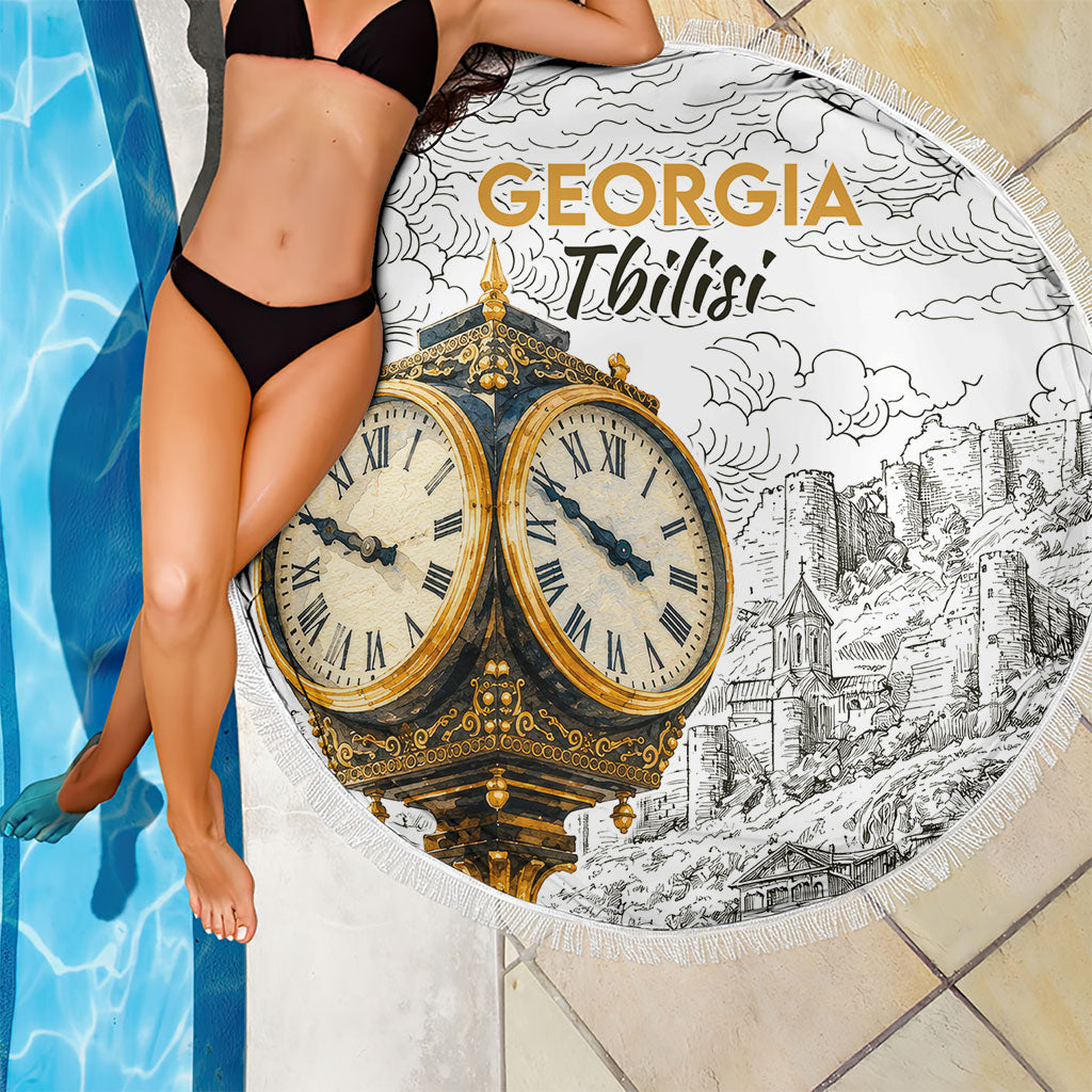 Georgia Tbilisi Clock Tower Beach Blanket Kartlis Deda Vintage Sketch Style