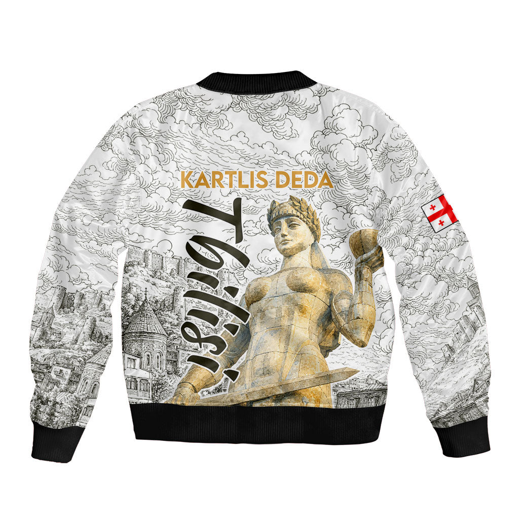 Georgia Tbilisi Clock Tower Bomber Jacket Kartlis Deda Vintage Sketch Style