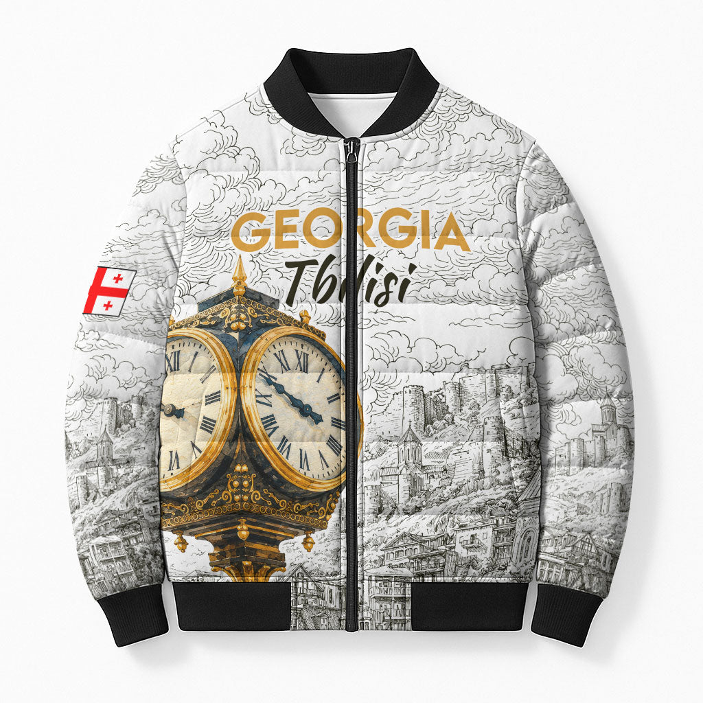 Georgia Tbilisi Clock Tower Bomber Puffer Jacket Kartlis Deda Vintage Sketch Style