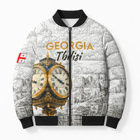 Georgia Tbilisi Clock Tower Bomber Puffer Jacket Kartlis Deda Vintage Sketch Style