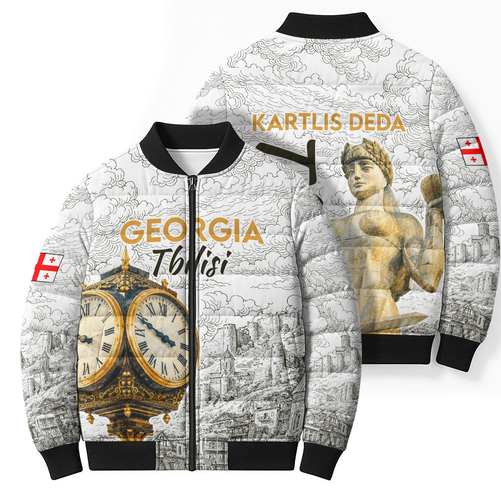 Georgia Tbilisi Clock Tower Bomber Puffer Jacket Kartlis Deda Vintage Sketch Style