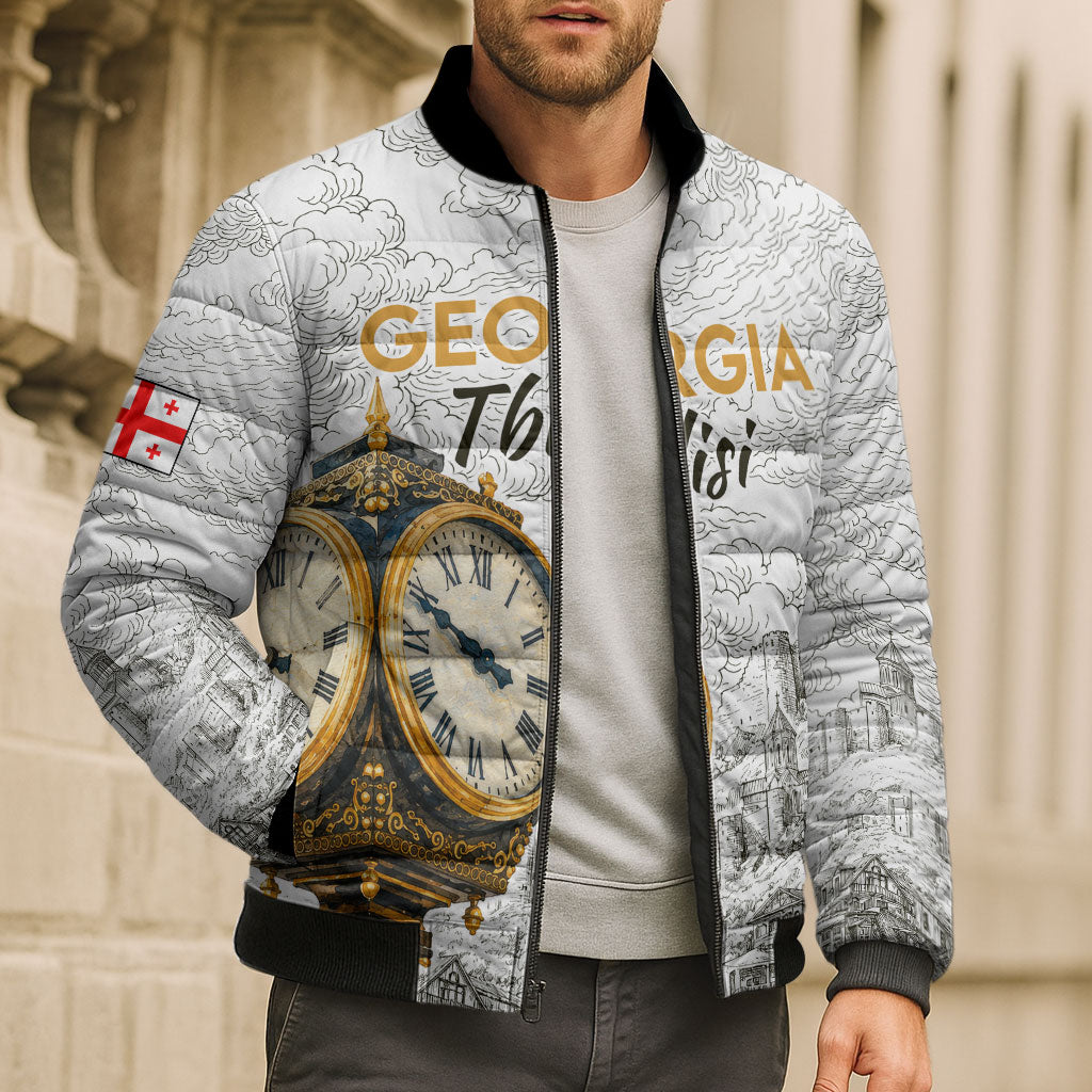 Georgia Tbilisi Clock Tower Bomber Puffer Jacket Kartlis Deda Vintage Sketch Style