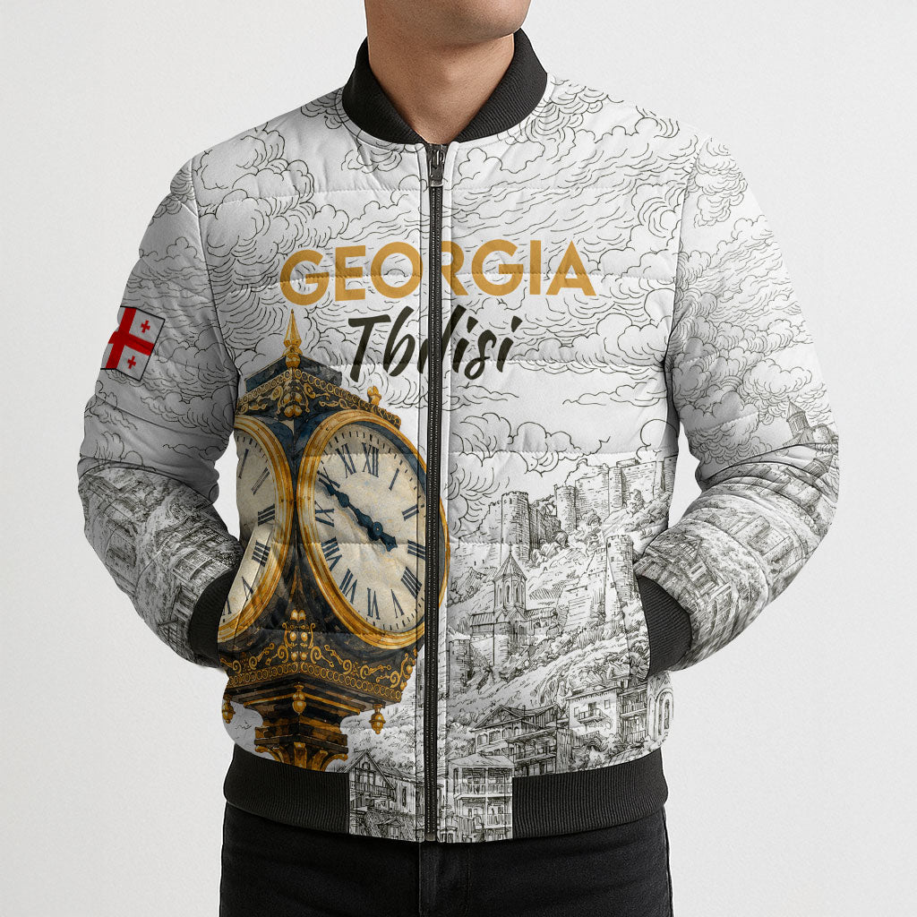 Georgia Tbilisi Clock Tower Bomber Puffer Jacket Kartlis Deda Vintage Sketch Style