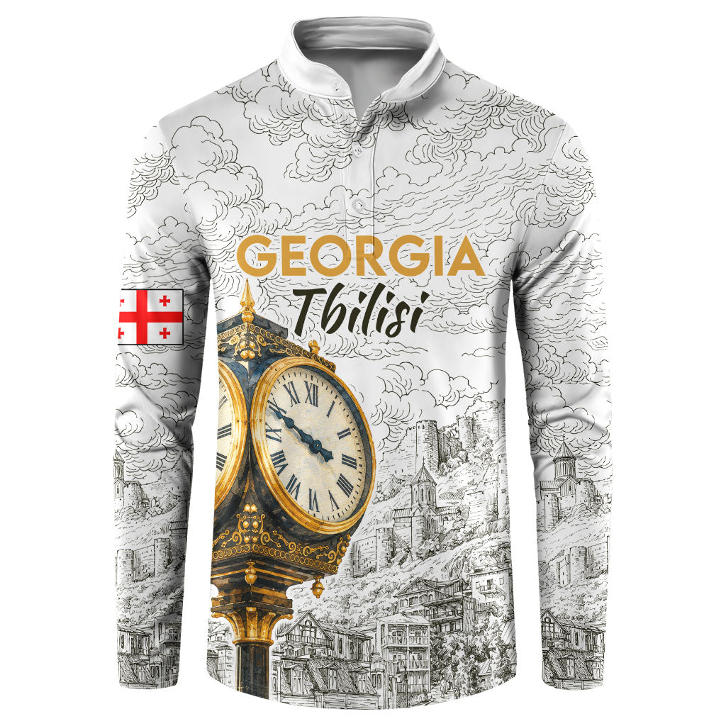 Georgia Tbilisi Clock Tower Button Sweatshirt Kartlis Deda Vintage Sketch Style
