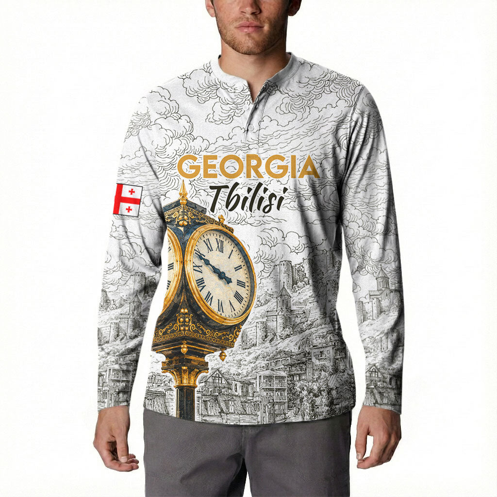 Georgia Tbilisi Clock Tower Button Sweatshirt Kartlis Deda Vintage Sketch Style