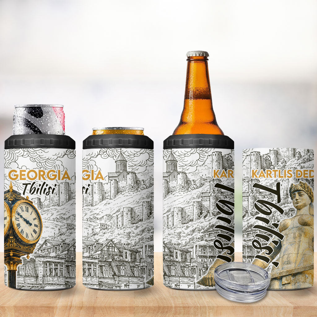 Georgia Tbilisi Clock Tower 4 in 1 Can Cooler Tumbler Kartlis Deda Vintage Sketch Style