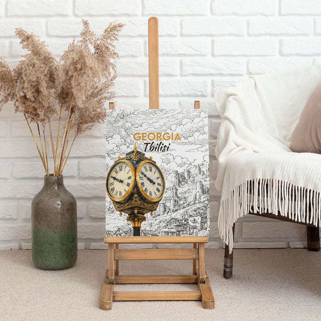 Georgia Tbilisi Clock Tower Canvas Wall Art Kartlis Deda Vintage Sketch Style