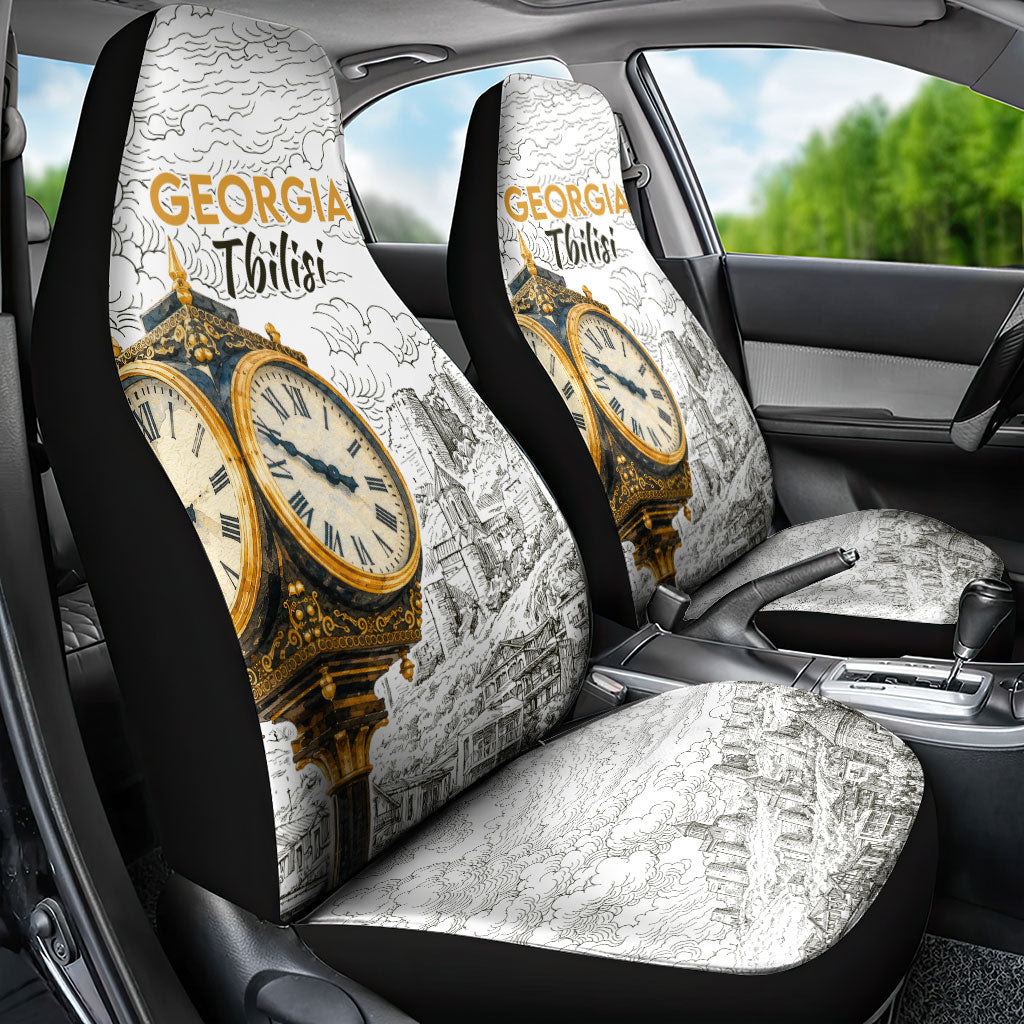 Georgia Tbilisi Clock Tower Car Seat Cover Kartlis Deda Vintage Sketch Style