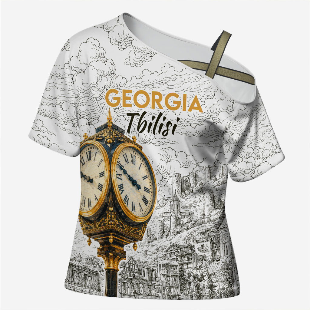Georgia Tbilisi Clock Tower Cross Shoulder Shirt Kartlis Deda Vintage Sketch Style