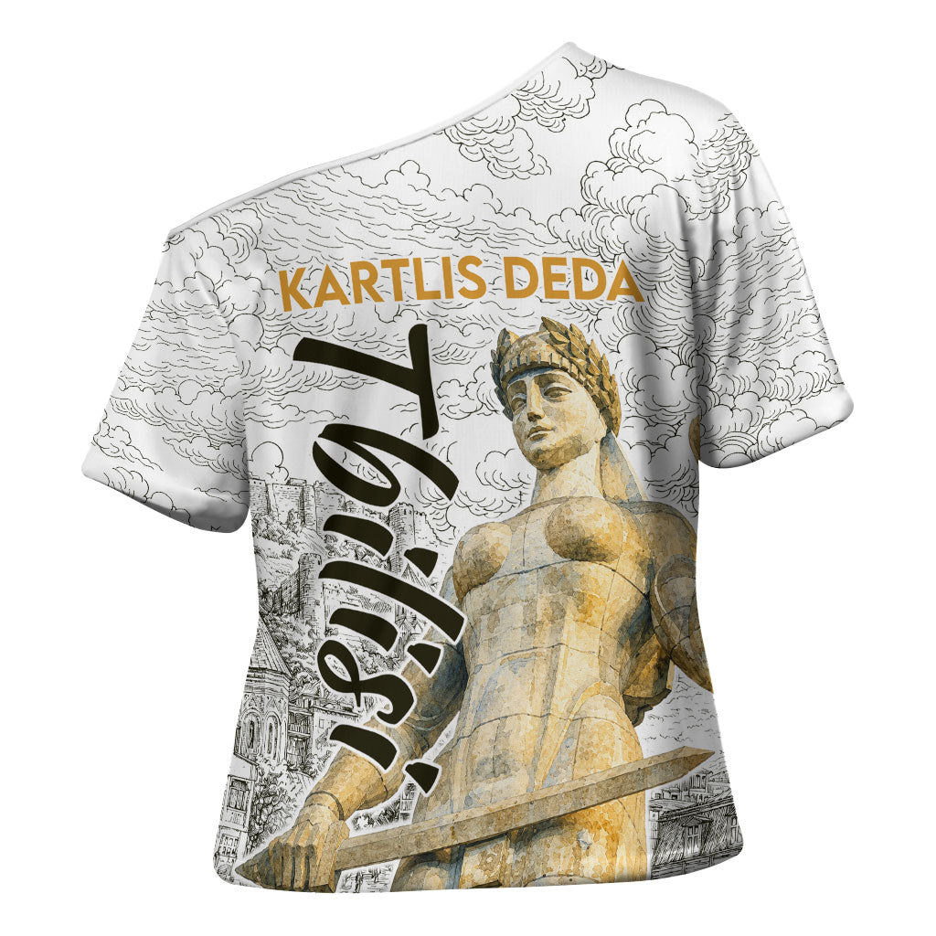 Georgia Tbilisi Clock Tower Cross Shoulder Shirt Kartlis Deda Vintage Sketch Style