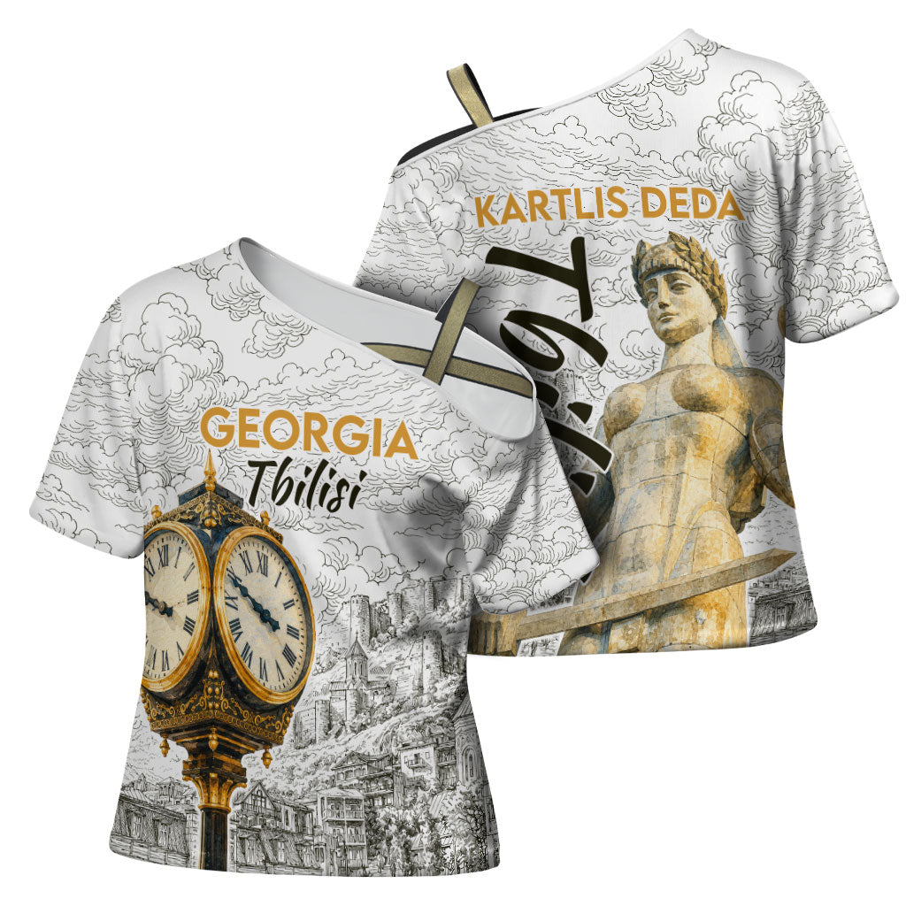 Georgia Tbilisi Clock Tower Cross Shoulder Shirt Kartlis Deda Vintage Sketch Style
