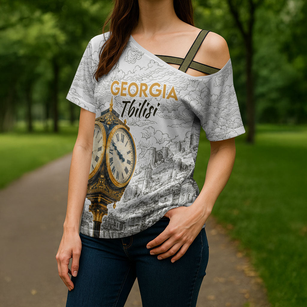 Georgia Tbilisi Clock Tower Cross Shoulder Shirt Kartlis Deda Vintage Sketch Style