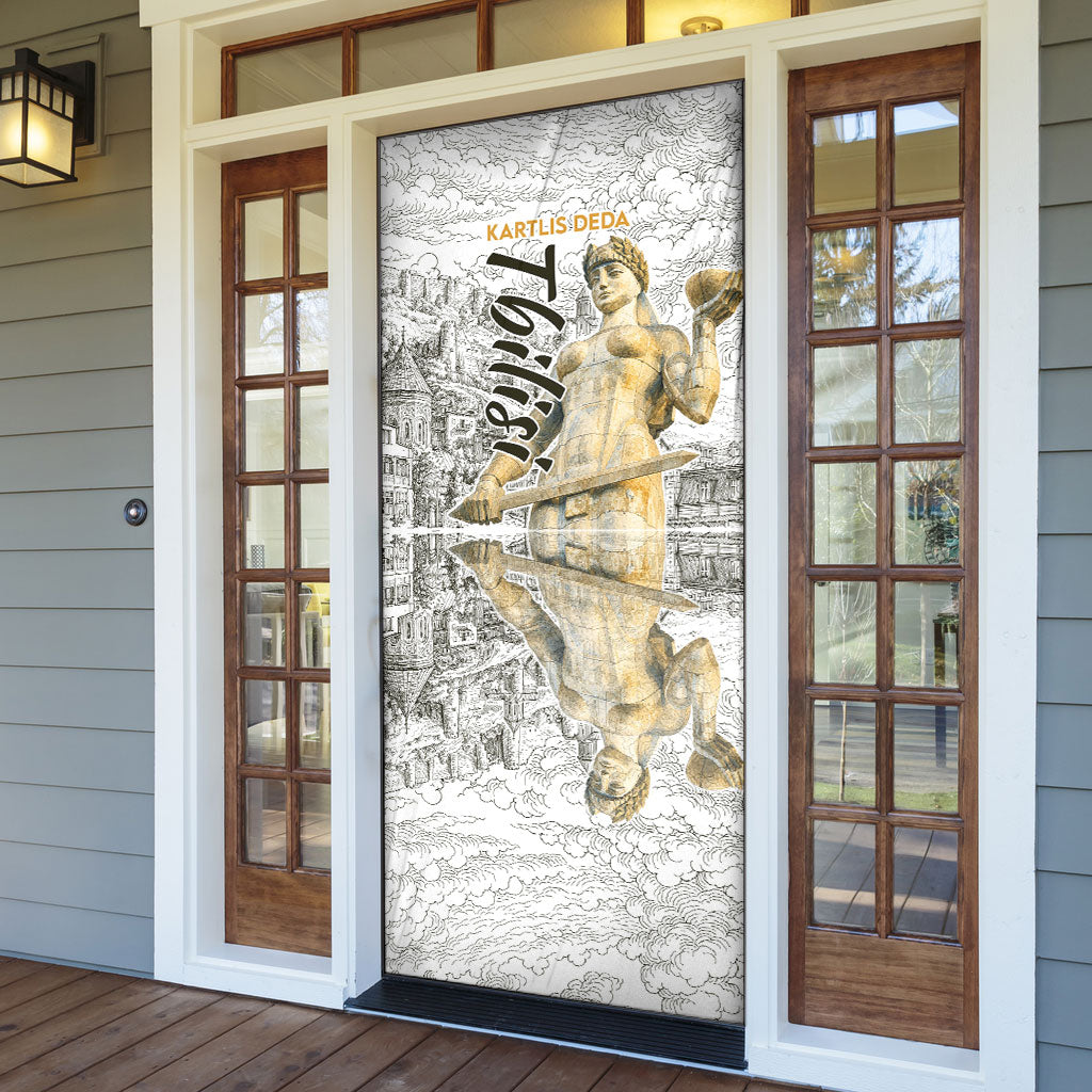 Georgia Tbilisi Clock Tower Door Cover Kartlis Deda Vintage Sketch Style