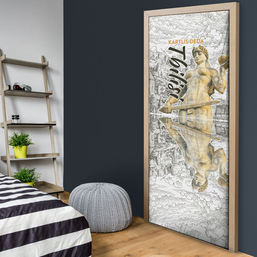 Georgia Tbilisi Clock Tower Door Cover Kartlis Deda Vintage Sketch Style