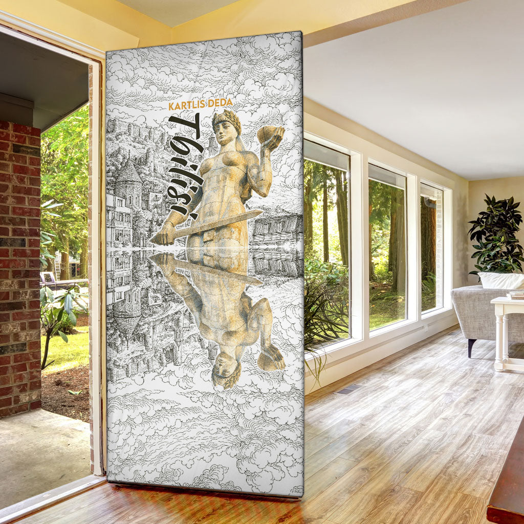 Georgia Tbilisi Clock Tower Door Cover Kartlis Deda Vintage Sketch Style