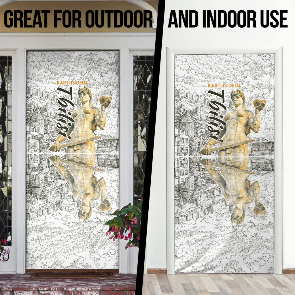 Georgia Tbilisi Clock Tower Door Cover Kartlis Deda Vintage Sketch Style