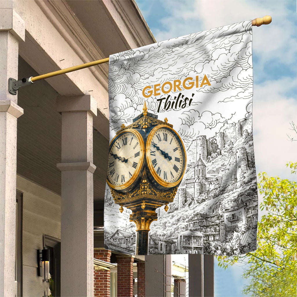 Georgia Tbilisi Clock Tower Garden Flag Kartlis Deda Vintage Sketch Style