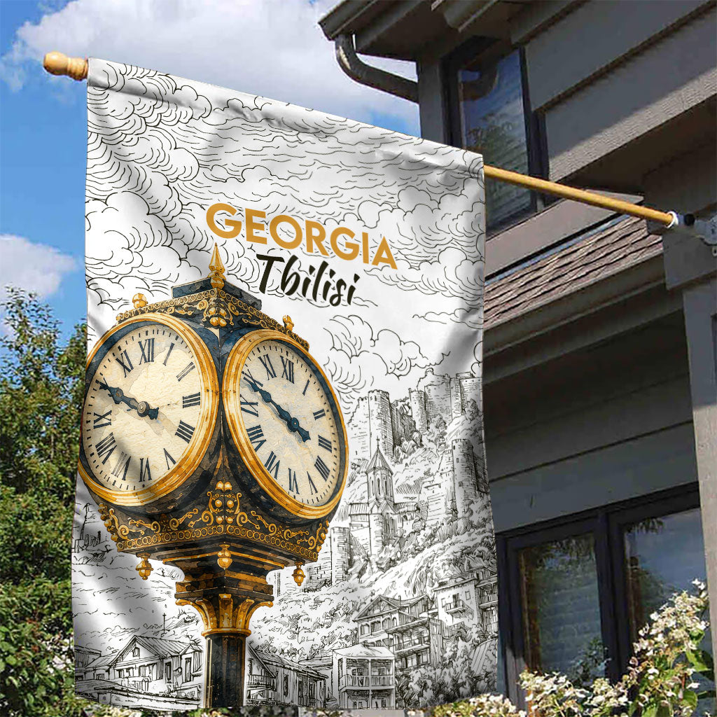Georgia Tbilisi Clock Tower Garden Flag Kartlis Deda Vintage Sketch Style