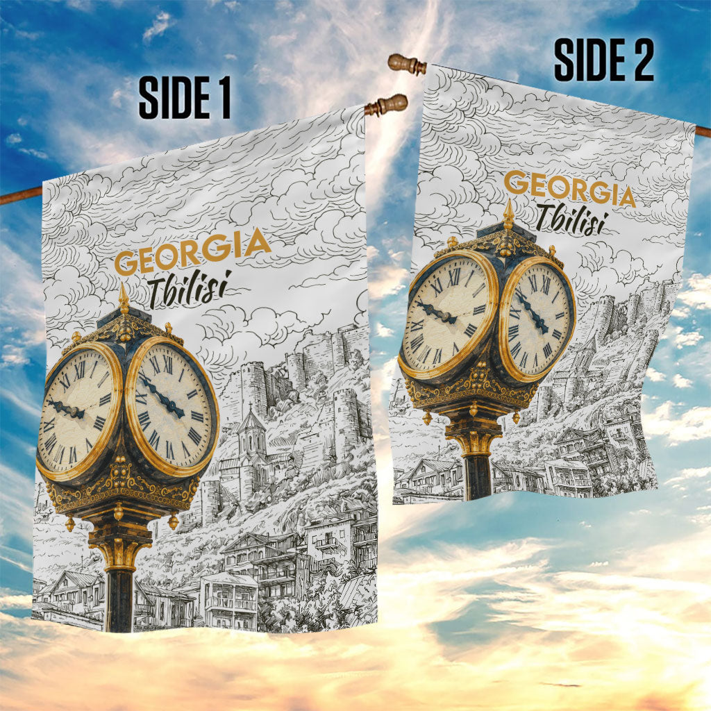 Georgia Tbilisi Clock Tower Garden Flag Kartlis Deda Vintage Sketch Style