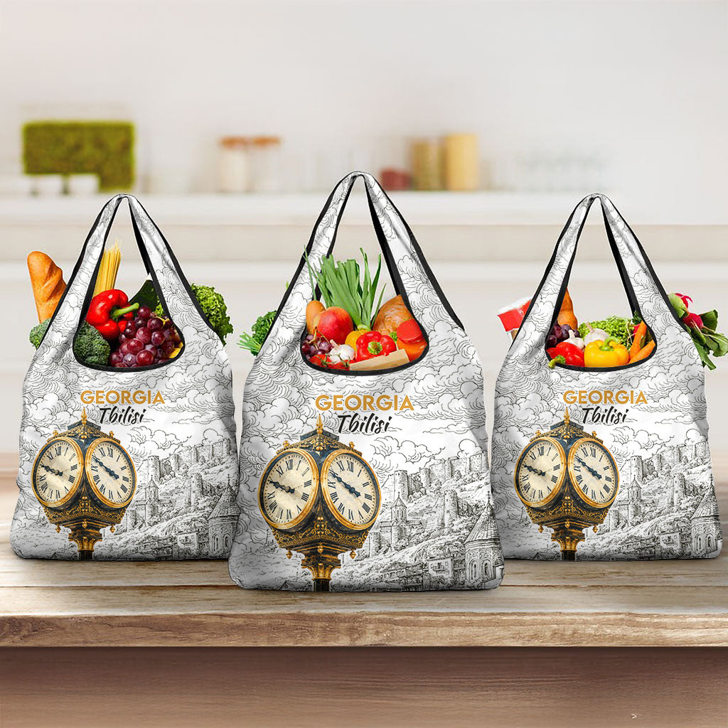 Georgia Tbilisi Clock Tower Grocery Bag Kartlis Deda Vintage Sketch Style