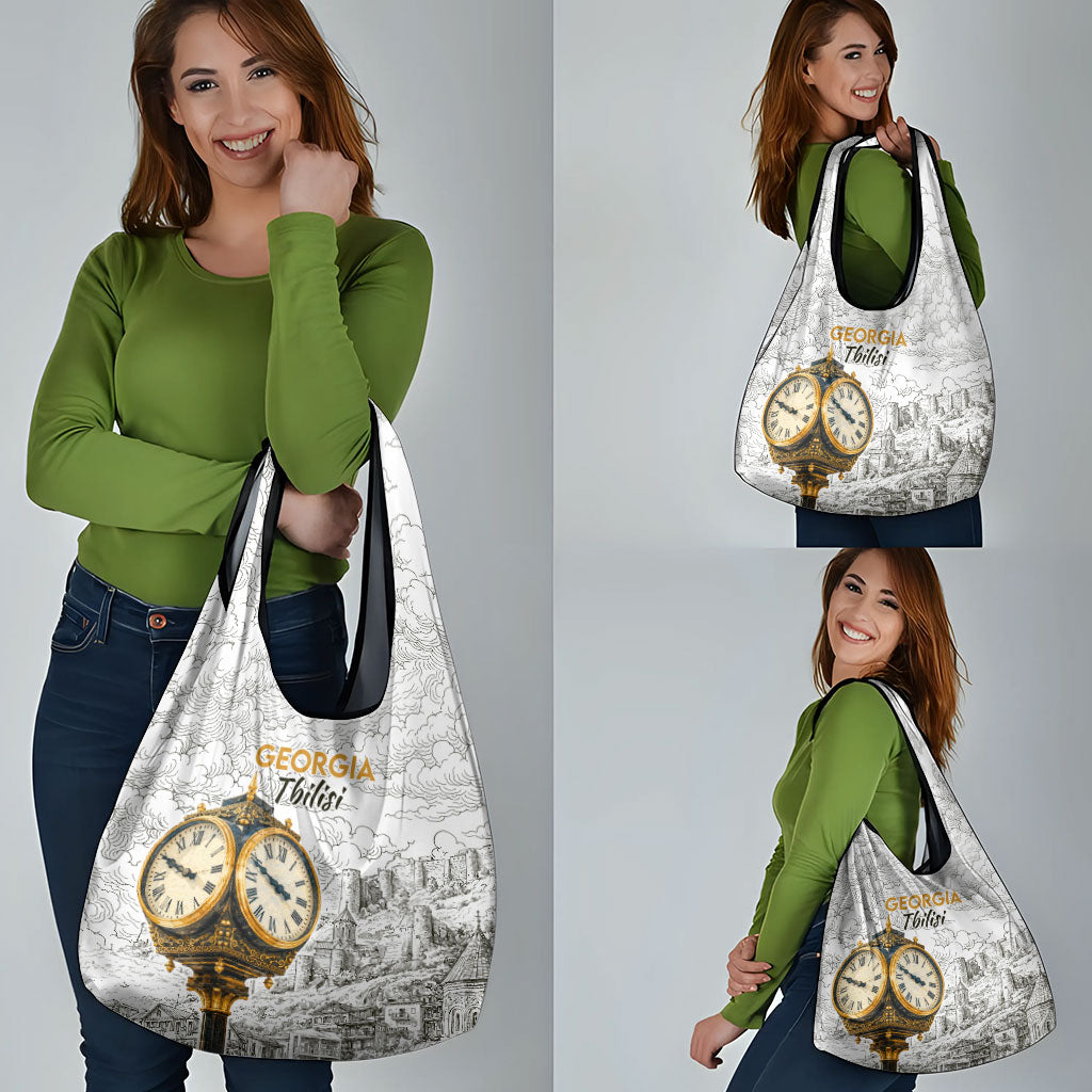 Georgia Tbilisi Clock Tower Grocery Bag Kartlis Deda Vintage Sketch Style