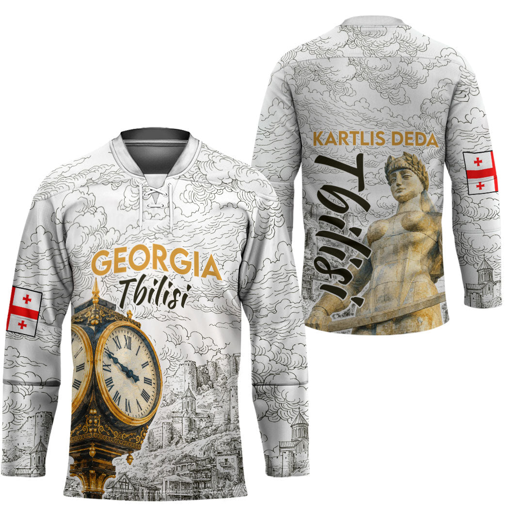 Georgia Tbilisi Clock Tower Hockey Jersey Kartlis Deda Vintage Sketch Style