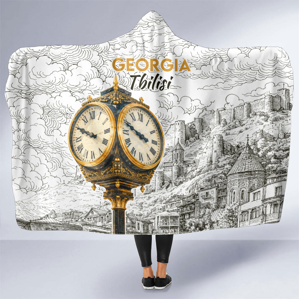 Georgia Tbilisi Clock Tower Hooded Blanket Kartlis Deda Vintage Sketch Style