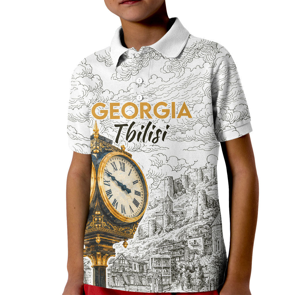 Georgia Tbilisi Clock Tower Kid Polo Shirt Kartlis Deda Vintage Sketch Style