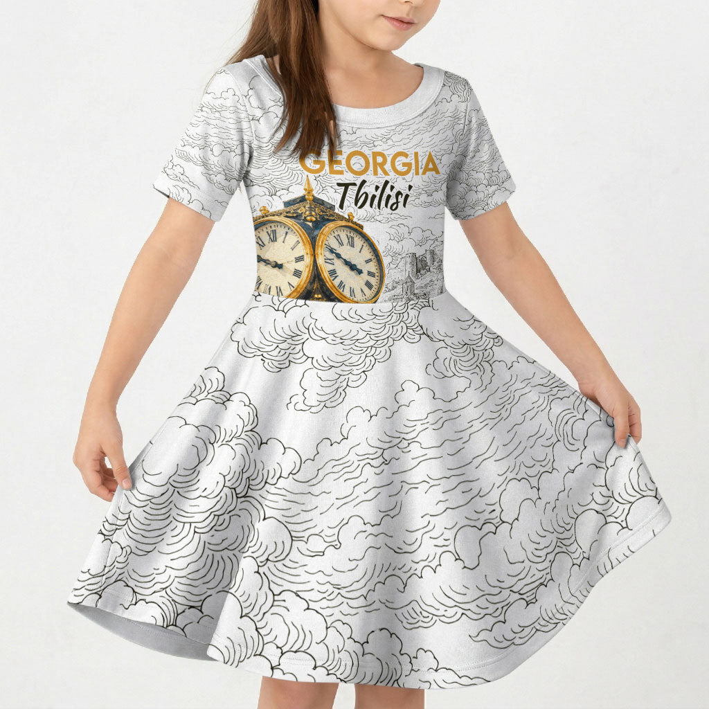Georgia Tbilisi Clock Tower Kid Short Sleeve Dress Kartlis Deda Vintage Sketch Style
