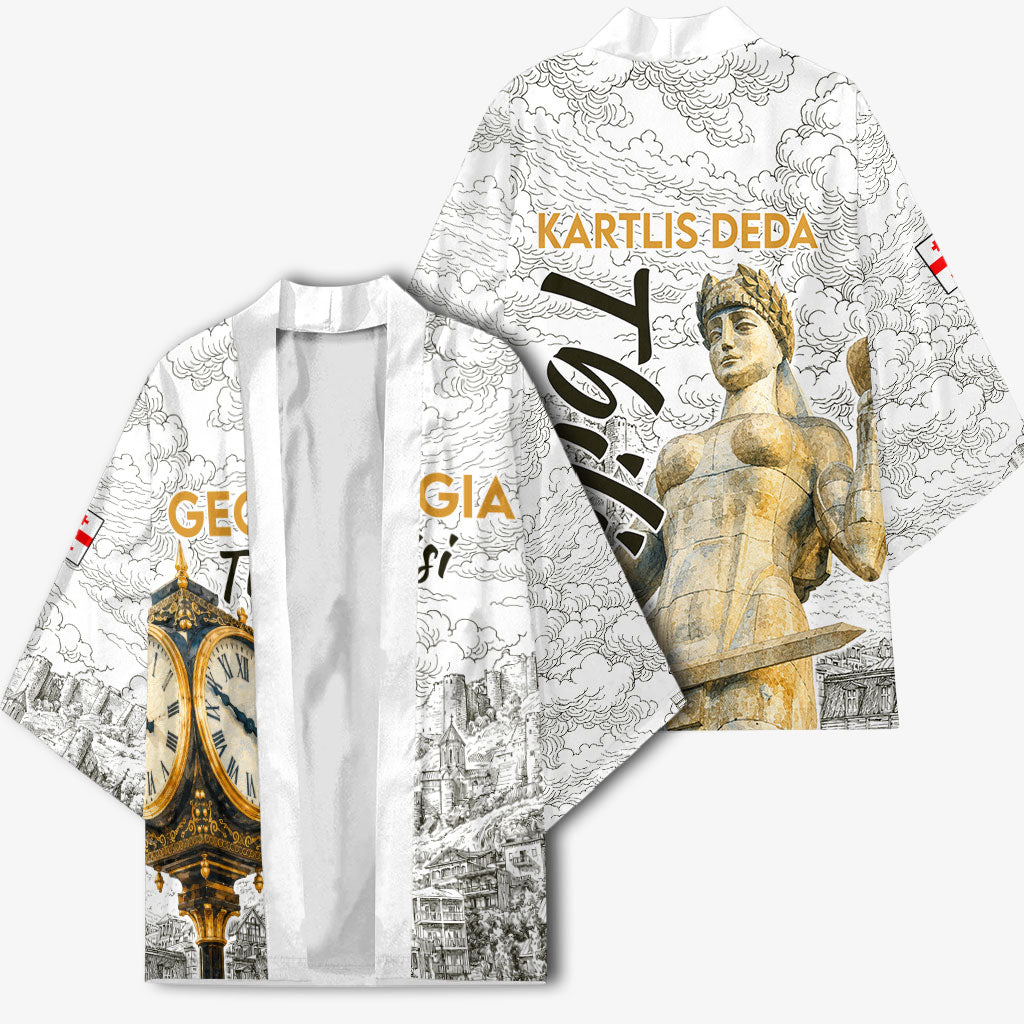Georgia Tbilisi Clock Tower Kimono Kartlis Deda Vintage Sketch Style