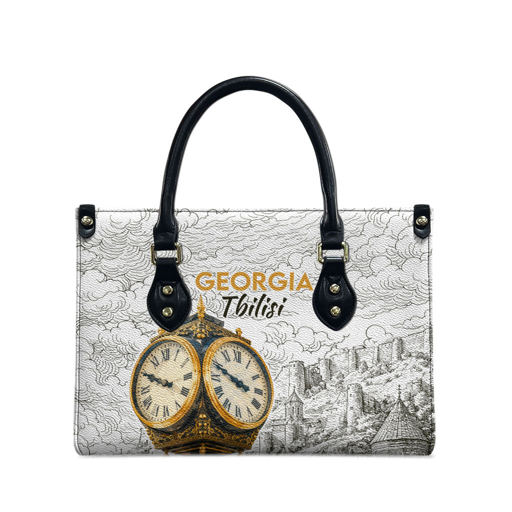 Georgia Tbilisi Clock Tower Leather Bag Kartlis Deda Vintage Sketch Style