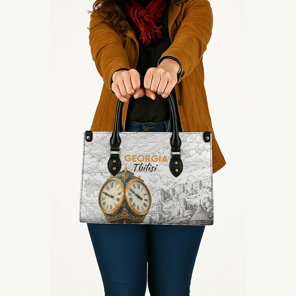 Georgia Tbilisi Clock Tower Leather Bag Kartlis Deda Vintage Sketch Style